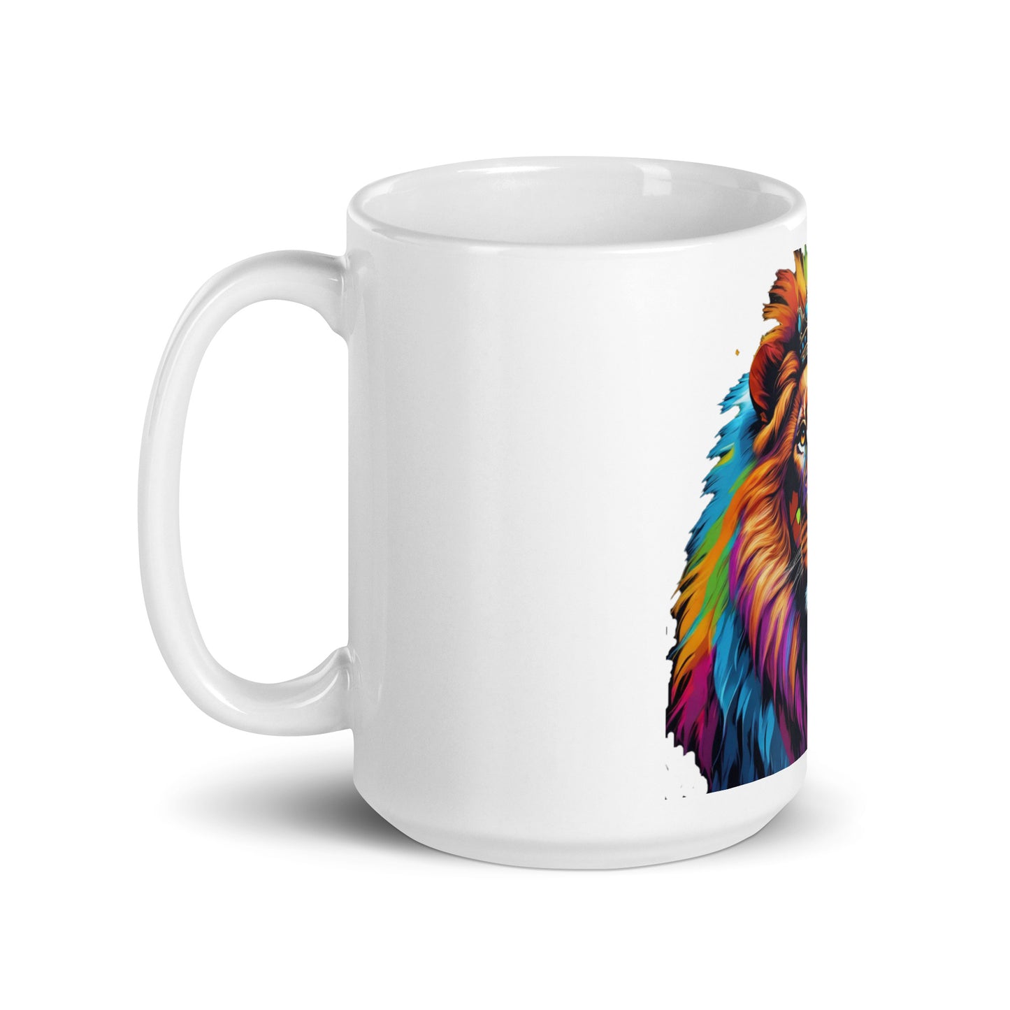 White glossy mug - Lion with Colorful Mane and Crown