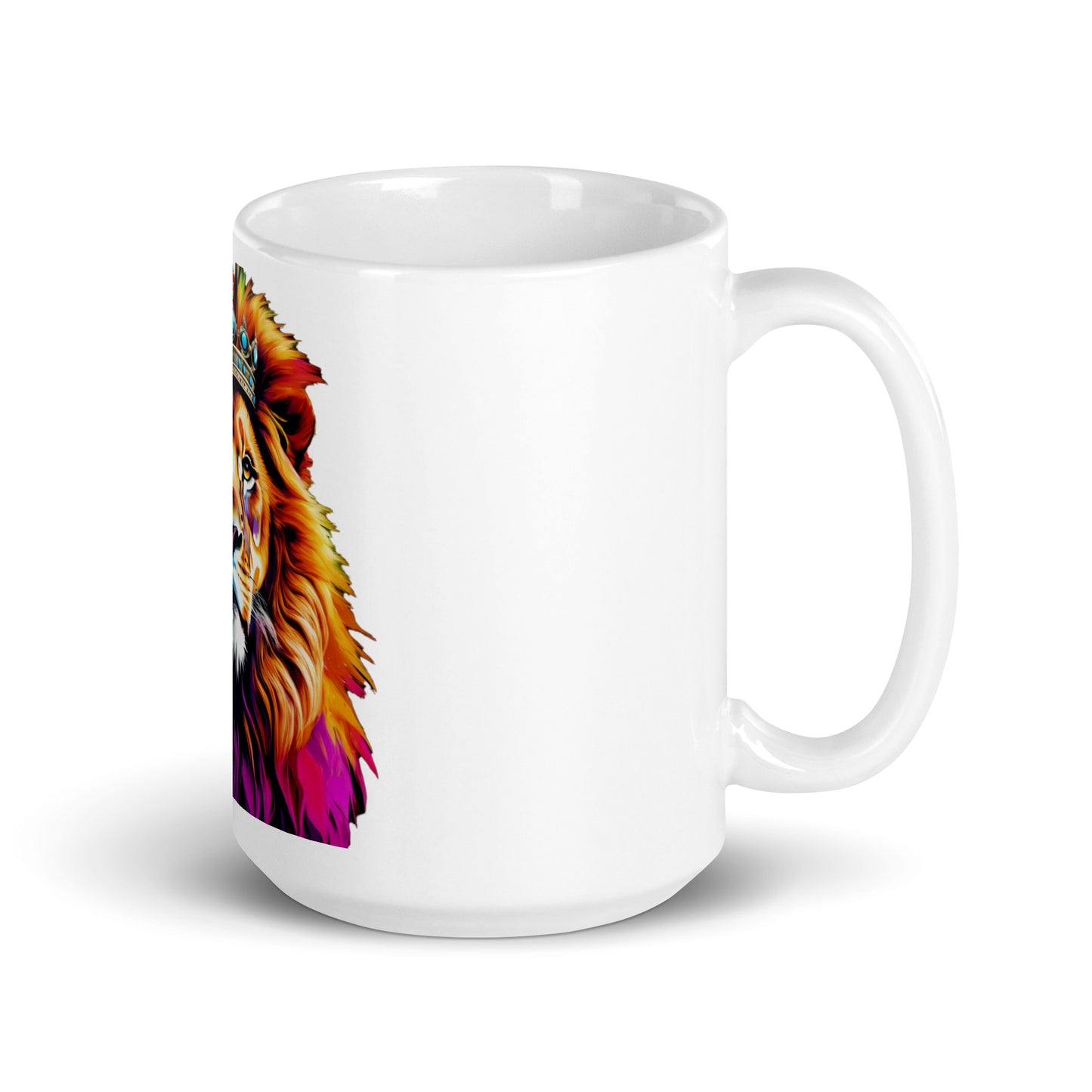 White glossy mug - Lion with Colorful Mane and Crown