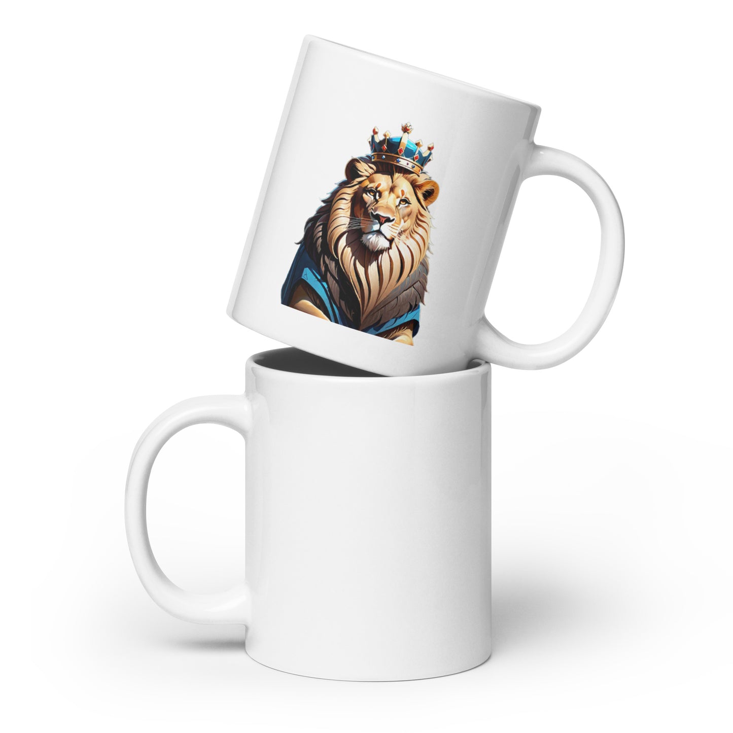 White glossy mug - Lion with Blue Attire and Crown