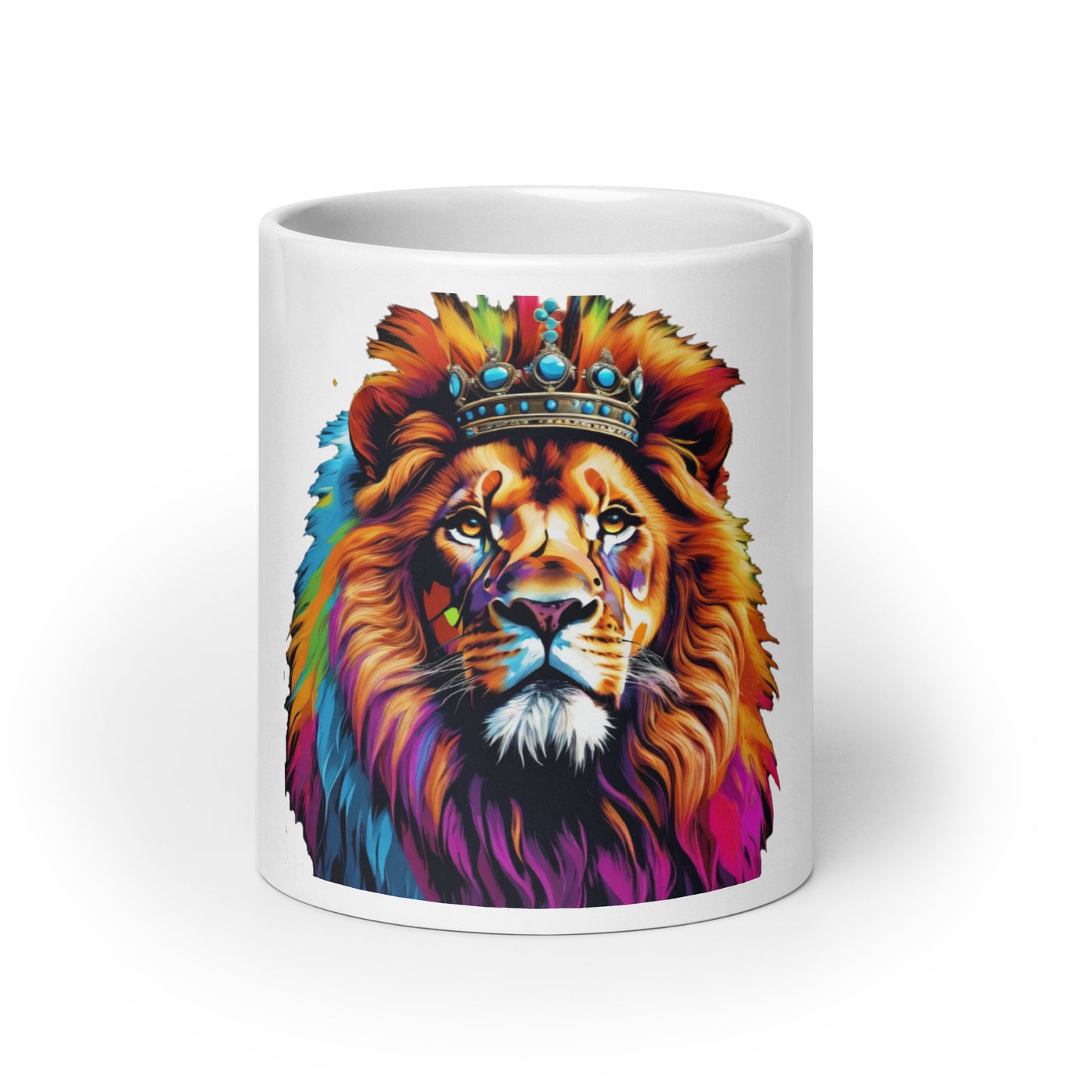 White glossy mug - Lion with Colorful Mane and Crown