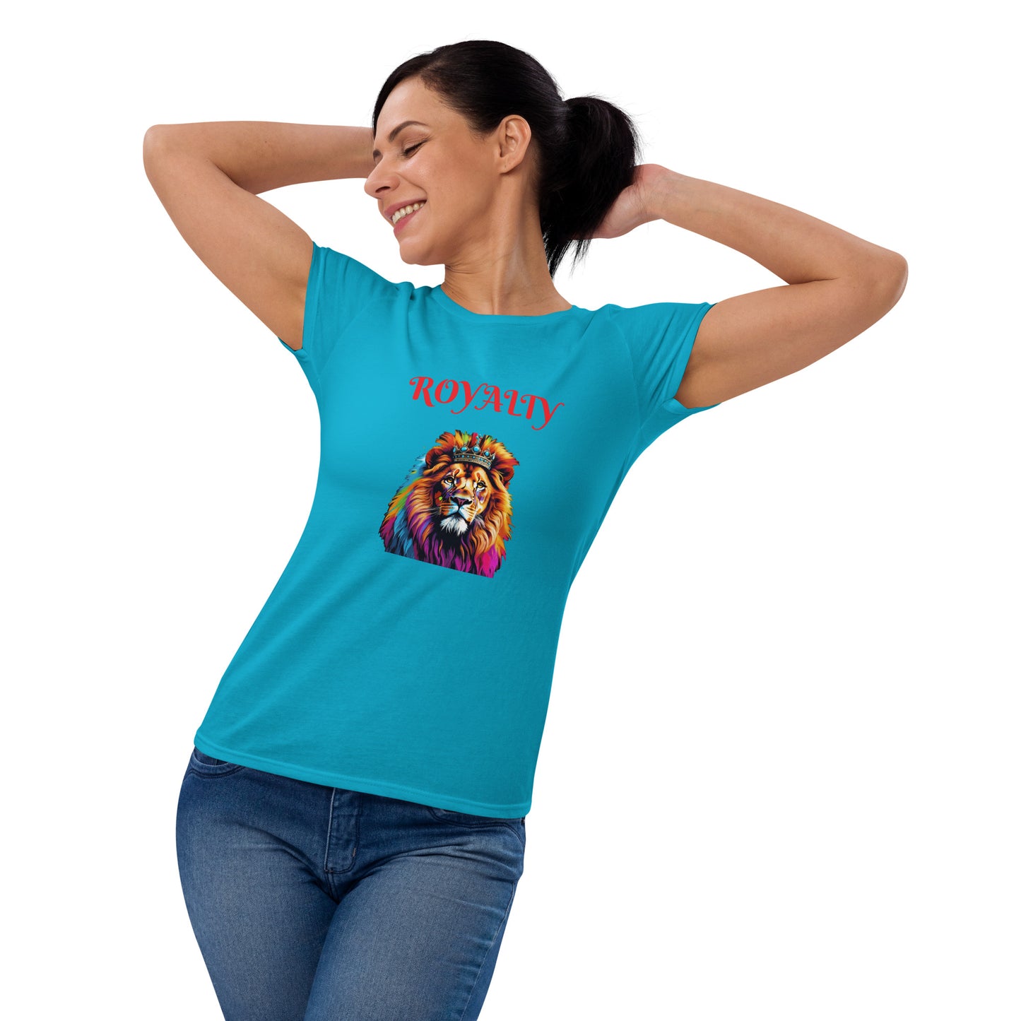 Women's short sleeve t-shirt - "ROYALTY" Lion with Colorful Mane and Crown