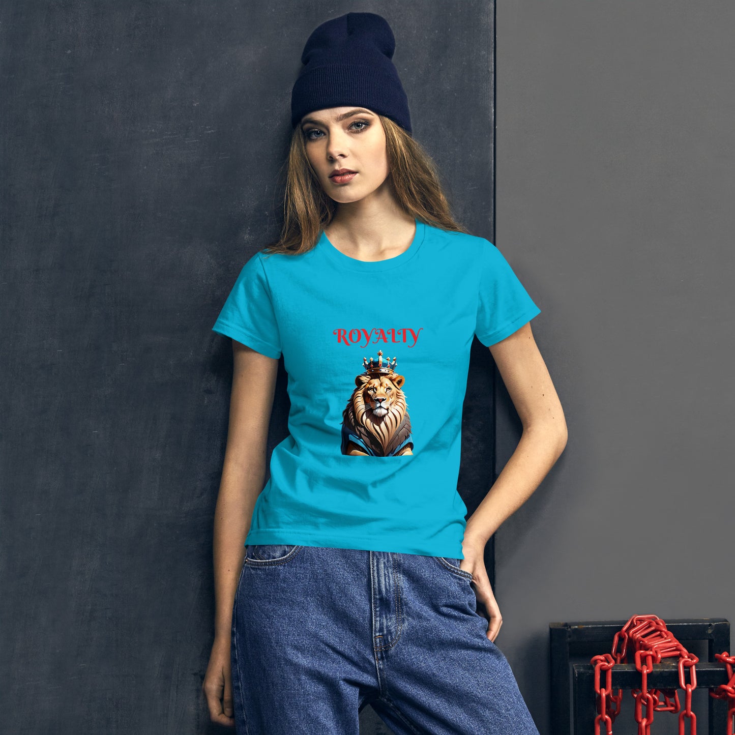 Women's short sleeve t-shirt - "ROYALTY" Lion with Blue Attire and Crown