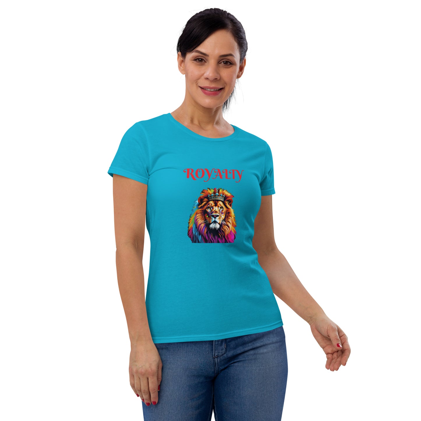 Women's short sleeve t-shirt - "ROYALTY" Lion with Colorful Mane and Crown