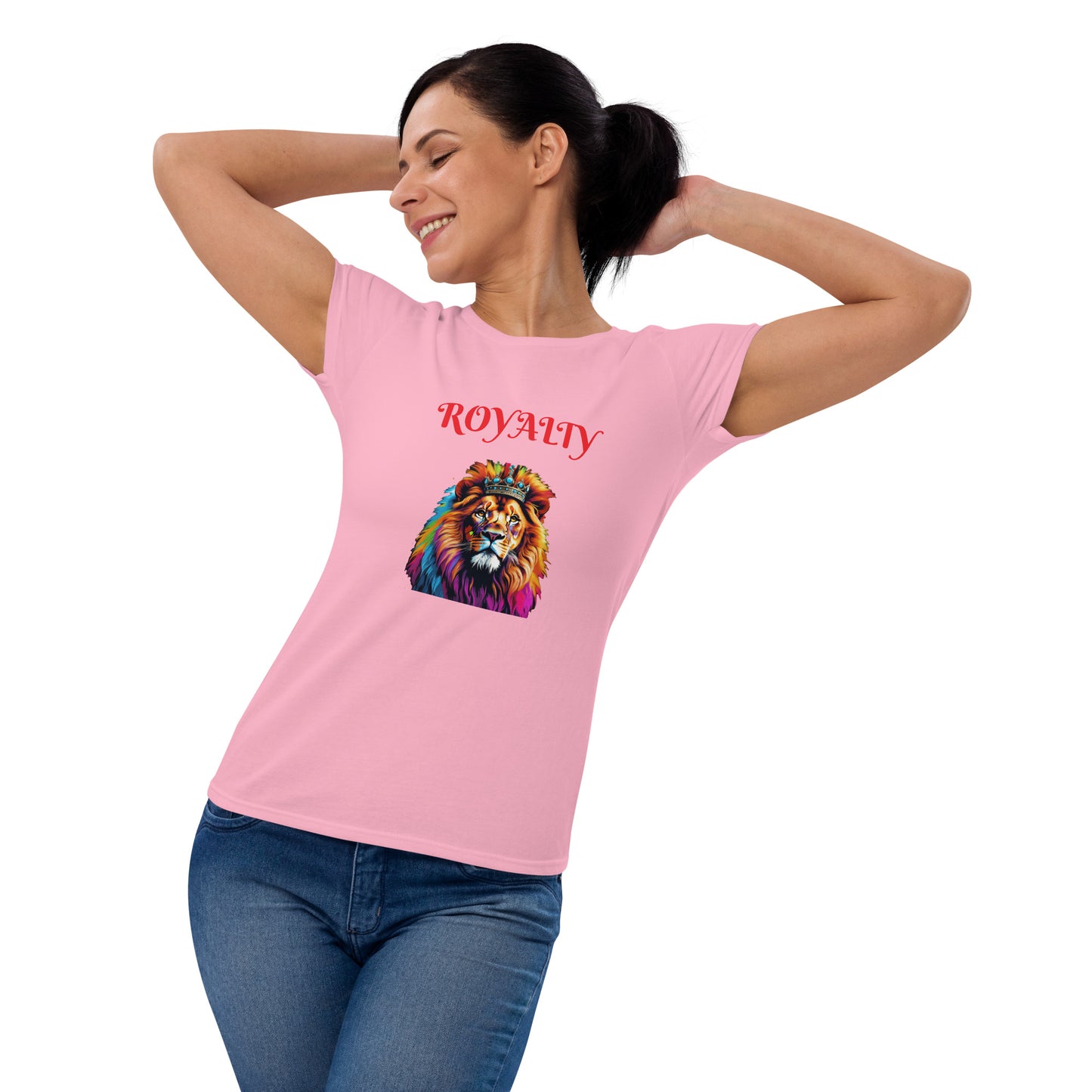 Women's short sleeve t-shirt - "ROYALTY" Lion with Colorful Mane and Crown