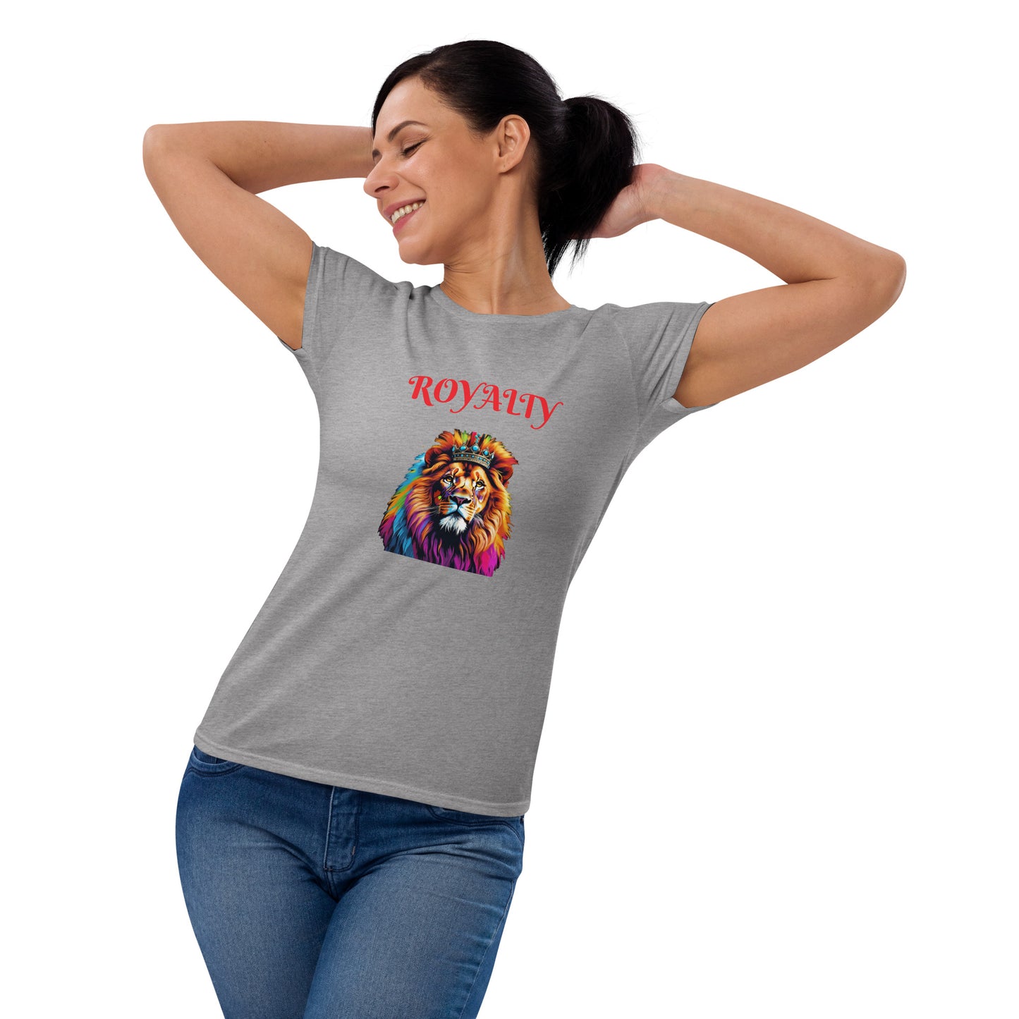 Women's short sleeve t-shirt - "ROYALTY" Lion with Colorful Mane and Crown