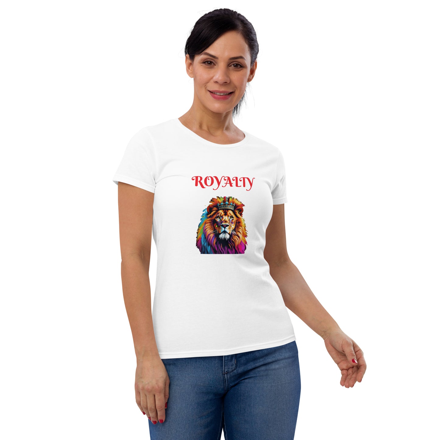 Women's short sleeve t-shirt - "ROYALTY" Lion with Colorful Mane and Crown