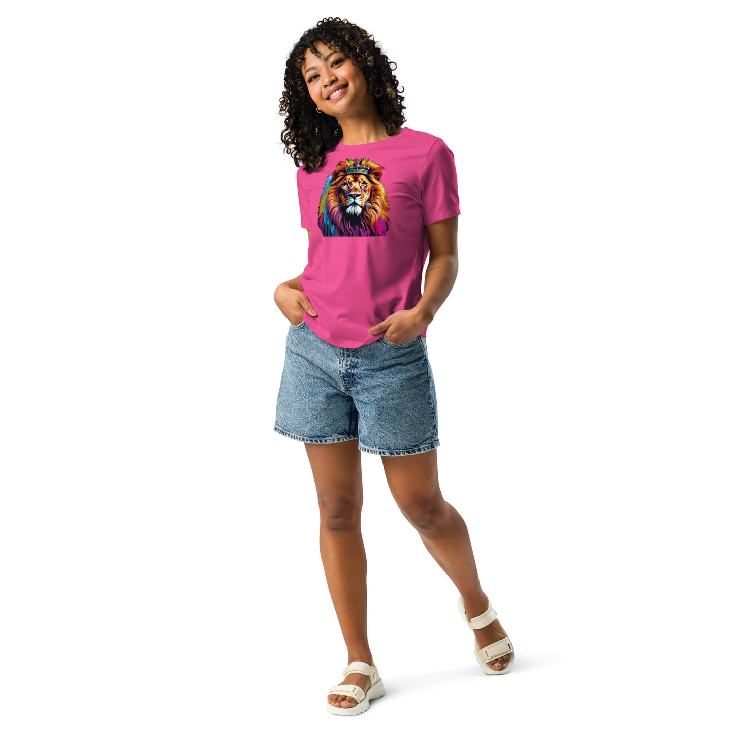 Women's Relaxed T-Shirt - Lion with Colorful Mane and Crown