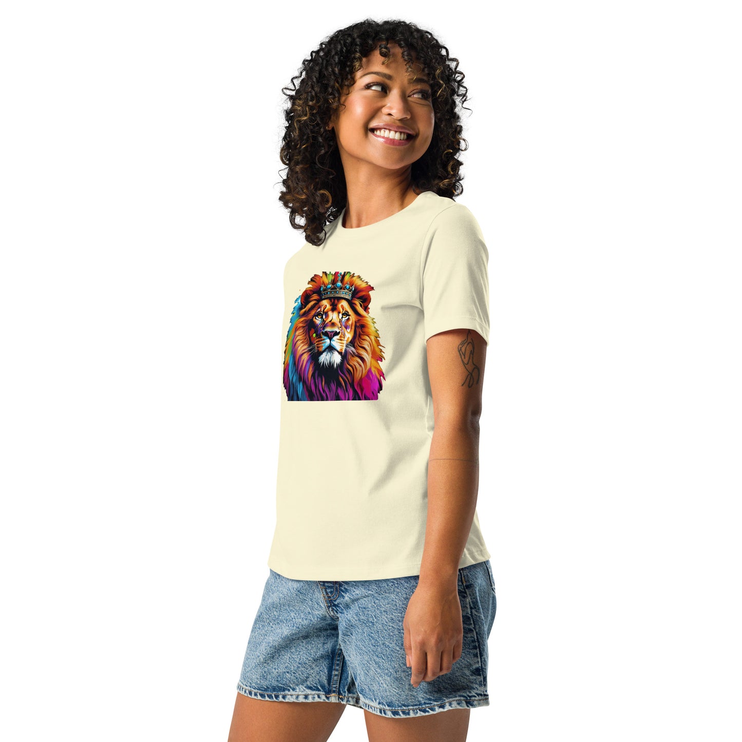 Women's Relaxed T-Shirt - Lion with Colorful Mane and Crown