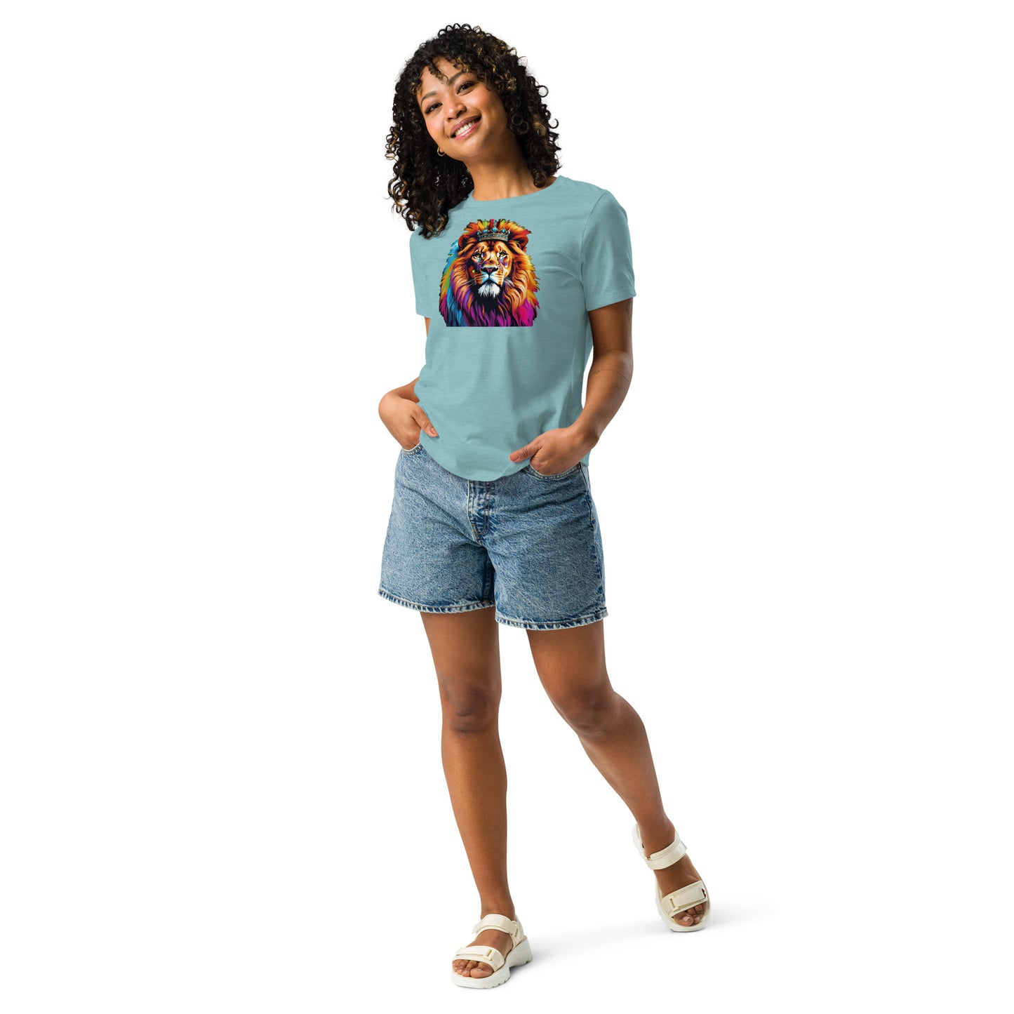 Women's Relaxed T-Shirt - Lion with Colorful Mane and Crown