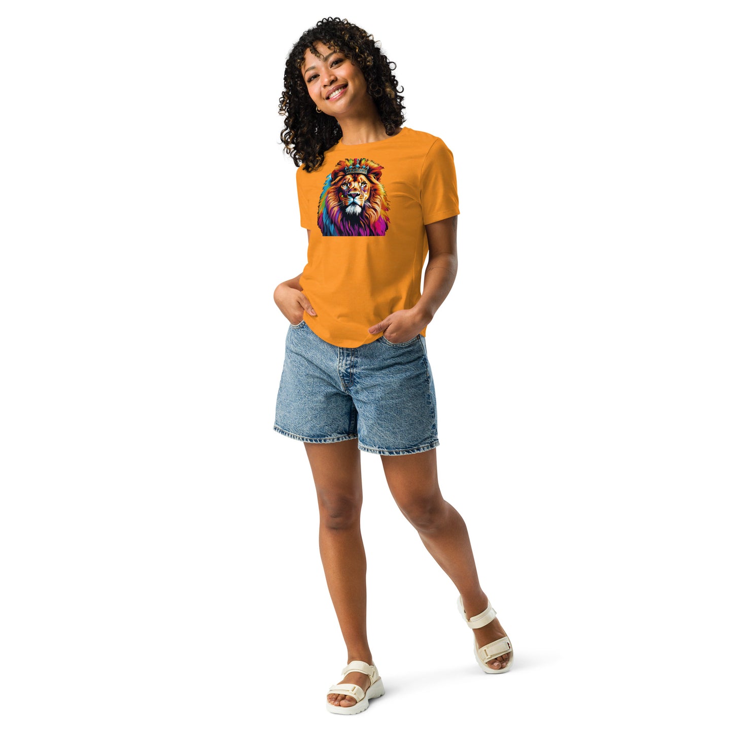 Women's Relaxed T-Shirt - Lion with Colorful Mane and Crown