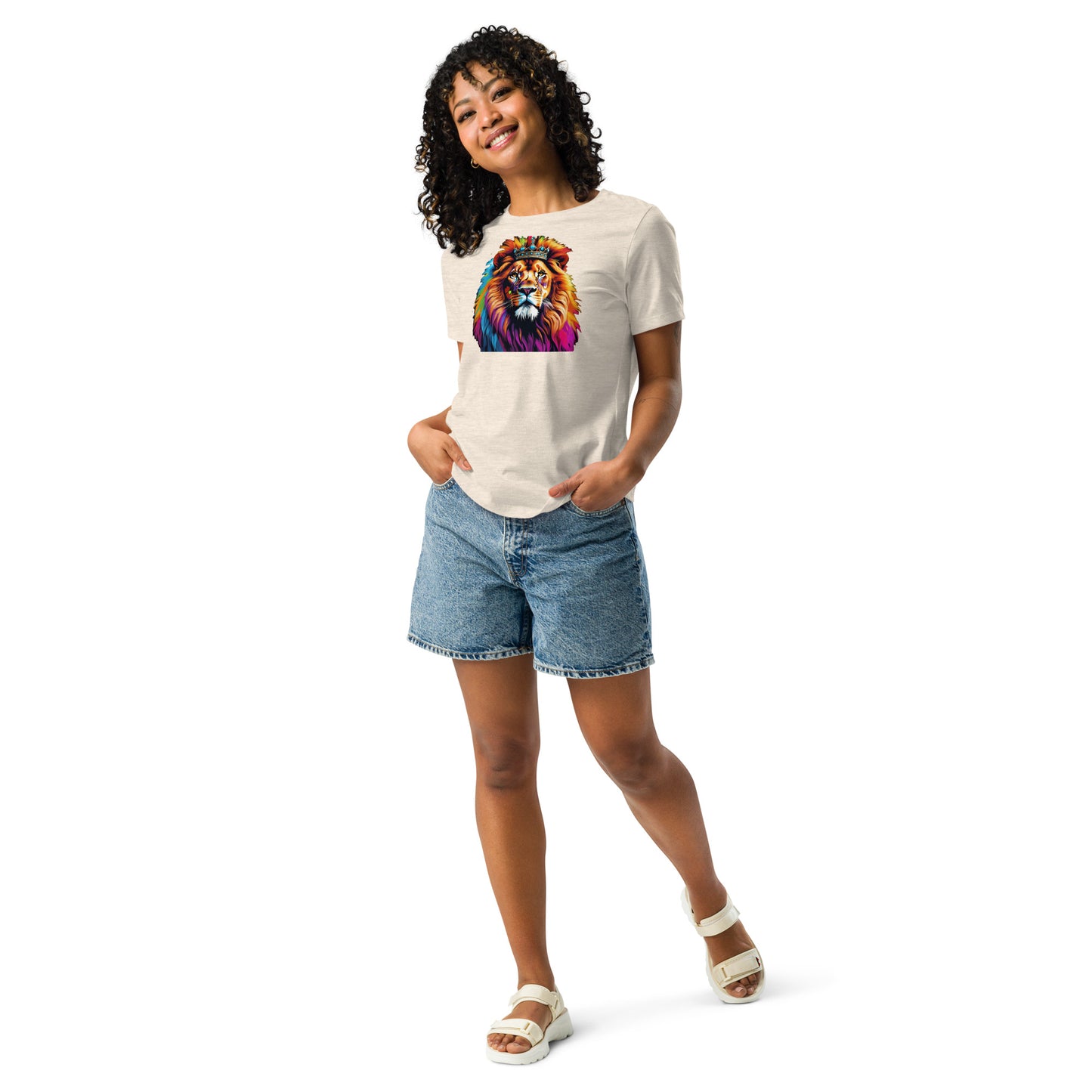 Women's Relaxed T-Shirt - Lion with Colorful Mane and Crown