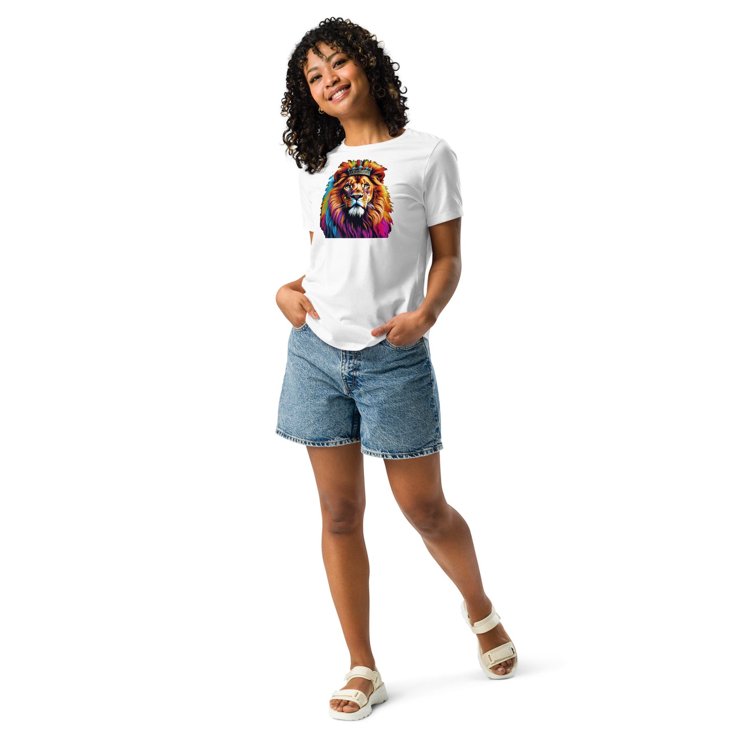 Women's Relaxed T-Shirt - Lion with Colorful Mane and Crown