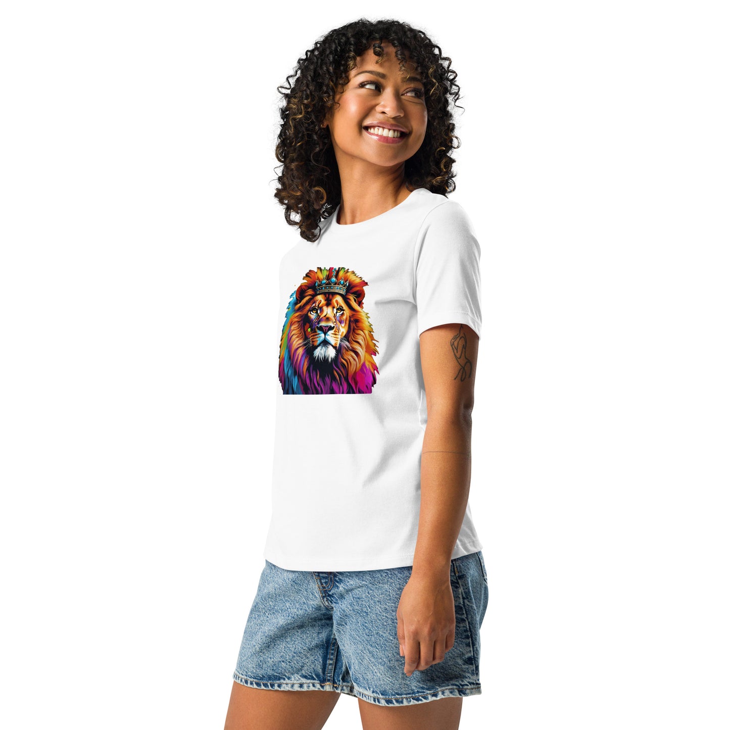 Women's Relaxed T-Shirt - Lion with Colorful Mane and Crown